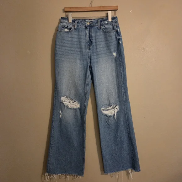 ZENANA Med Wash High Waist Distressed Raw Hem Wide Leg Jeans Women's Size 27 - Picture 2 of 14